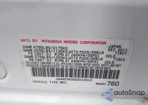 2016 Mitsubishi Outlander Sel z USA, uszkodzony, nr VIN JA4AD3A32GZ019412